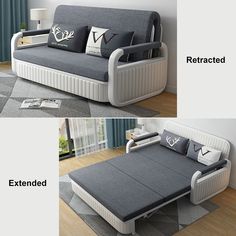 the sofa bed is attached to the wall and has two pillows on top of it