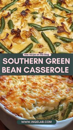 the southern green bean casserole is shown in two different images