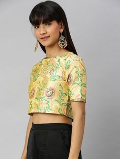 Woven cream crop top online for women which is crafted from brocade fabric with stunning woven fancy work. Floral Embroidered Brocade Sets, Spring Yellow Lehenga, Yellow Lehenga For Spring, Traditional Summer Festive Crop Top, Elegant Padded Blouse Crop Top For Festive Occasions, Elegant Padded Crop Top For Festive Season, Traditional Festive Summer Crop Top, Elegant Padded Crop Top For Festive Occasions, Reception Top With Pallu