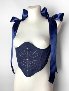 underbust corset belt, royal blue corset, fairy embroidered corset, renaissance ren faire corset, 18th century stays, astrology corset This corset is reversible. Included with the corset are detachable shoulder straps.  It is very durable and will accentuate all the advantages of your figure thanks to the boning sewn into every seam. !!The default color for the eyelets will match the embroidery color: gold or silver!! We tailor to any sizes! If you have any questions, please feel free to contact Gold Underbust Corset, Blue Overbust Corset For Costume Party, Blue Underbust Corset, Corset Belt Pattern, Ren Faire Corset, Blue Velvet Corset, Witch Corset, Eras Tour Dress, Navy Blue Corset