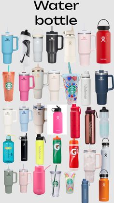 there are many different types of water bottles on this page, and each one has the same color