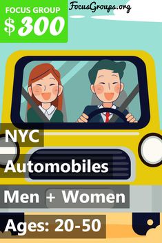 two people in a yellow truck with the words nyc automobiles men and women ages 20 - 50