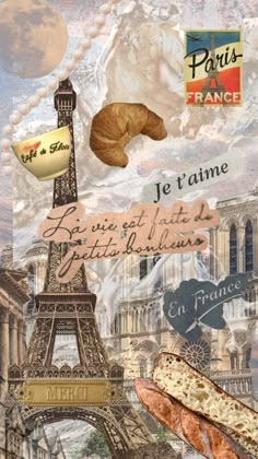 the collage shows different types of food in paris, including bread and croissants