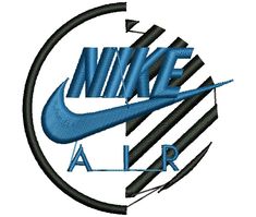 the nike air logo is shown in blue and black with an arrow at the bottom