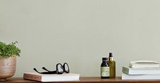 a shelf with books, glasses and a bottle on it next to a potted plant