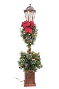 Lamp Post With Big Red Bow - The Country Christmas Loft Christmas Lamp Post, Street Lamp Post, Christmas Lamp, Navidad Christmas, Light Garland, Street Lamp, Bright Lights, Red Bow, Bronze Color