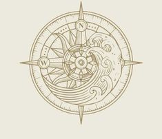 a drawing of a compass with waves in the middle and sun on it's side