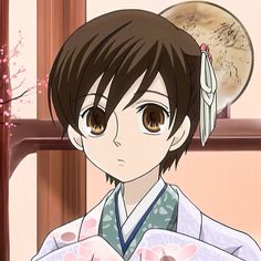 an anime character wearing a kimono and holding a flower in her hand, looking at the camera