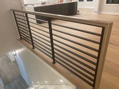 Modern hand rail with black iron and white oak Horizontal Stair Railing Wood, Modern Loft Railing, Minimalist Stair Railing, Top Of Stairs Railing Ideas, Horizontal Stair Railing Ideas, Split Level Railing Ideas, Home Stair Railing Ideas, Metal Stair Railing Ideas, Indoor Balcony Railing