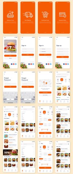 an orange and white website design with multiple sections for food items, including hamburgers