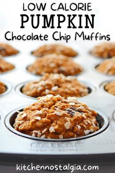 low calorie pumpkin chocolate chip muffins in a muffin tin with text overlay