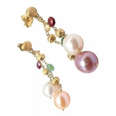 Authentic! Marco Bicego 18k Yellow Gold Paradise Multicolor Gems Pearl Earrings The Marco Bicego Paradise Earrings Are A Vibrant Celebration Of Luxury, Crafted From 18k Yellow Gold. These Exquisite Earrings Feature A Delightful Array Of Multicolor Gemstones, Complemented By Elegant Pearls. Hand-Engraved With Precision, The Gold Offers A Textured, Matte Finish, Showcasing Bicego's Renowned Craftsmanship And Unique Design Ethos. Metal: 18k Yellow Gold Measurements: 7mm X 57mm Weight: 9.2 Grams Stone: 6x Briolette Cut Color Stones 4x Different Hue Pearls Approx 9mm X 9.5mm Hallmarks: Marco Bicego 750 1021vi Ti1067red Marco Bicego Jewelry, Marco Bicego, Color Stones, Hand Engraving, Cut And Color, Red Gold, Stone Color, Unique Design, Etsy Earrings