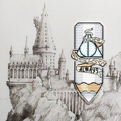 a drawing of a hogwarts castle with a harry potter crest on it's side