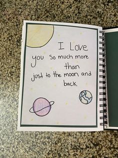 an open book with writing on it and pictures of the moon and planets in space