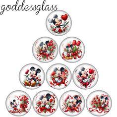 the mickey mouse christmas tree is decorated with red roses and hearts, while other disney characters are