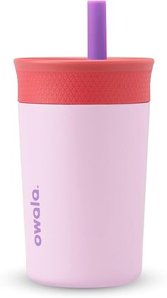 a pink cup with a purple straw sticking out of it's top and the words ovolo on the side