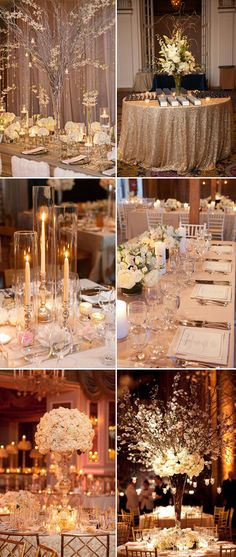 wedding reception tables and centerpieces with flowers in vases, candles on the table