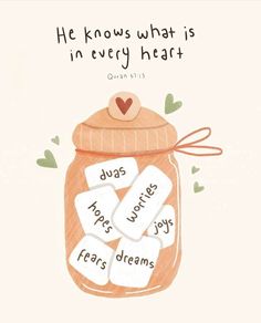 a jar filled with conversation bubbles on top of a white background that says he knows what is in every heart