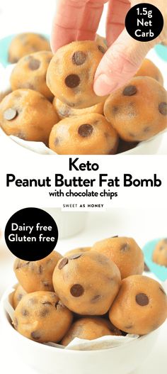 Peanut Butter Chocolate Chip Fat Bombs - 1g Net Carbs - Sweet As Honey Keto Peanut Butter Balls, Keto Peanut Butter Chocolate, Keto Cookie Dough, Fat Bomb Recipes, Keto Peanut Butter, Fat Bomb, Butter Balls, Fat Bomb Recipe, Low Carb Breakfast Recipes