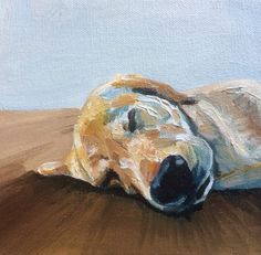 an oil painting of a dog's head laying on the ground