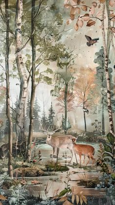 a painting of two deer in the woods