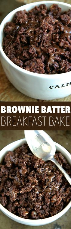 two bowls filled with brownie batter breakfast bake on top of a wooden table