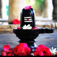 a small shrine with flowers on the ground and pillars in the backgroung