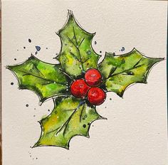 a watercolor painting of holly with red berries on it's green leafy leaves