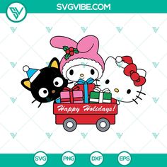 hello kitty and her friends are riding in a wagon with presents on the back, which says happy holidays