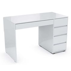 a white desk with three drawers on the bottom and one drawer at the top that is open