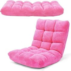 the futon chair is pink and has a pillow on it's back side