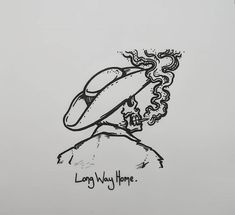 a drawing of a man with a hat on top of his head and the words long way home written below it