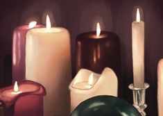 a painting of candles and ornaments on a table