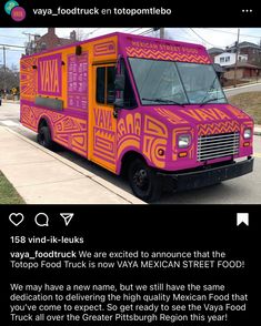 the food truck is painted bright pink and orange