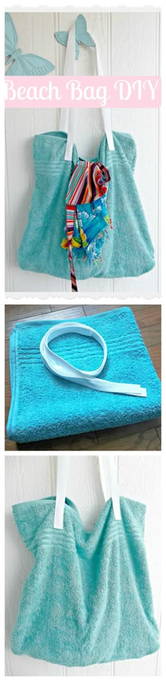 two pictures showing how to make a beach towel bag