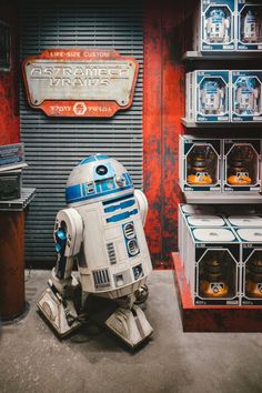 a star wars r2d2 robot sits in front of some shelves