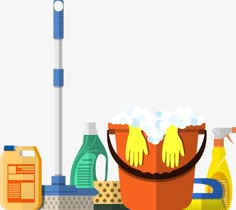 a bucket filled with cleaning supplies next to a mop and cleaner's gloves