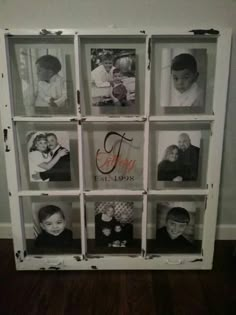 an old window is decorated with family photos