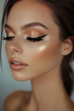 Make your prom night unforgettable with stunning makeup that turns heads!  #PromMakeup #GlamGoals #PromQueenVibes #RadiantGlow #UnforgettableBeauty Makeup Looks For Champagne Dress, Night Event Makeup Look, Gold Bride Makeup, Natural Makeup With Gold, Gold Gem Makeup, Gold Formal Makeup, Prom Makeup For Yellow Dress, Makeup For Gold Dress Prom, Gold Birthday Makeup