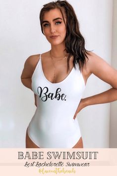 a woman in a white swimsuit with the words babe swimsuit on it