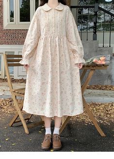 Nectarine Cotton Cottagecore Floral Dress Floral Winter Outfit, Japanese Cottagecore Fashion, Dress Patterns Cotton, Modest Clothes For Women, Winter Outfit Design, Korean Cute Dress, Grandma Clothes Aesthetic, Winter Dress Pattern, Outfits Aesthetic Skirt