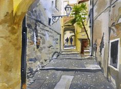 a painting of an alley way with people walking down it