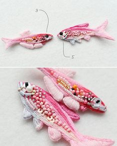 two pictures showing how to make beaded fish