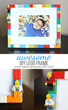 the lego frame is made out of legos and has an image of a child on it