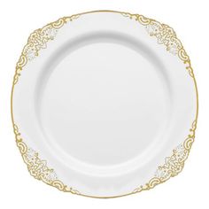 an empty white plate with gold trimmings