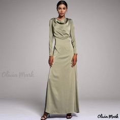 Olivia Mark - Matte Satin A-line Maxi Dress with Embellished Waist Belt Satin Design, Satin Evening Gown, Cheap Maxi Dresses, A Line Maxi Dress, Dress With Pleats, Fashion Design Patterns, Satin Dress Long, Satin Long Sleeve, Maxi Slip Dress