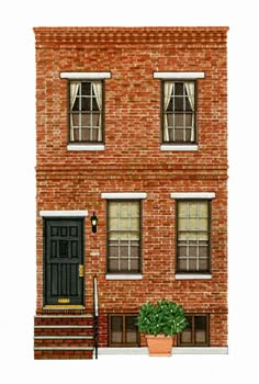 a drawing of a brick building with two windows and a planter on the front