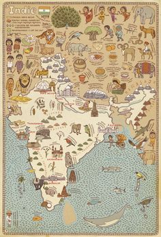 an illustrated map of india with animals and other things on the land, including water