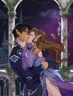 a man and woman kissing in front of a castle