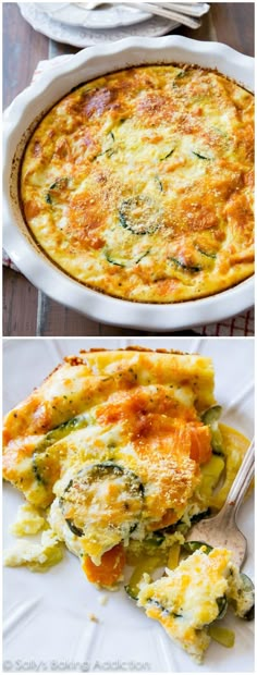 two pictures of an egg casserole with broccoli and cheese